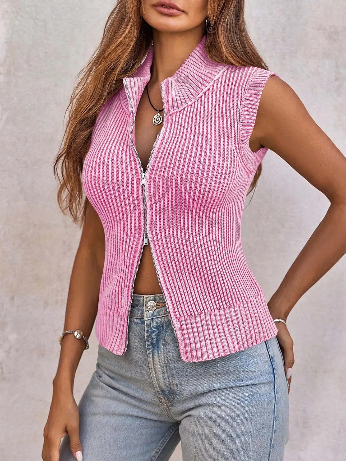 Saodimallsu Womens Zip Up Sweater Vest Sleeveless Ribbed Knit V Neck Collared Striped Tank Tops