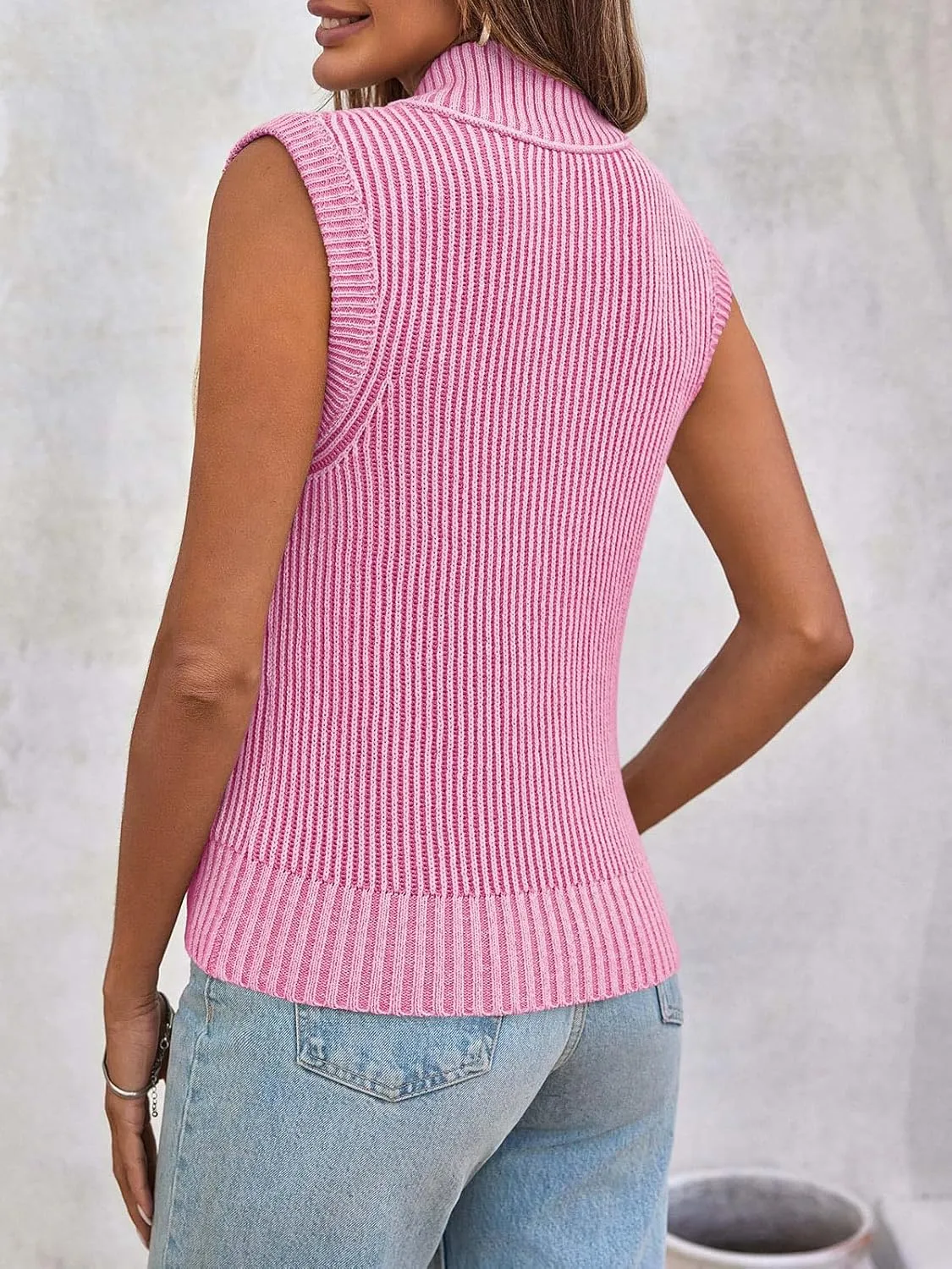 Saodimallsu Womens Zip Up Sweater Vest Sleeveless Ribbed Knit V Neck Collared Striped Tank Tops
