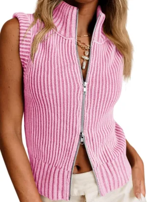 Saodimallsu Womens Zip Up Sweater Vest Sleeveless Ribbed Knit V Neck Collared Striped Tank Tops