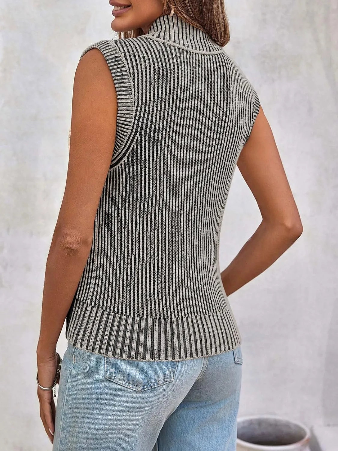 Saodimallsu Womens Zip Up Sweater Vest Sleeveless Ribbed Knit V Neck Collared Striped Tank Tops