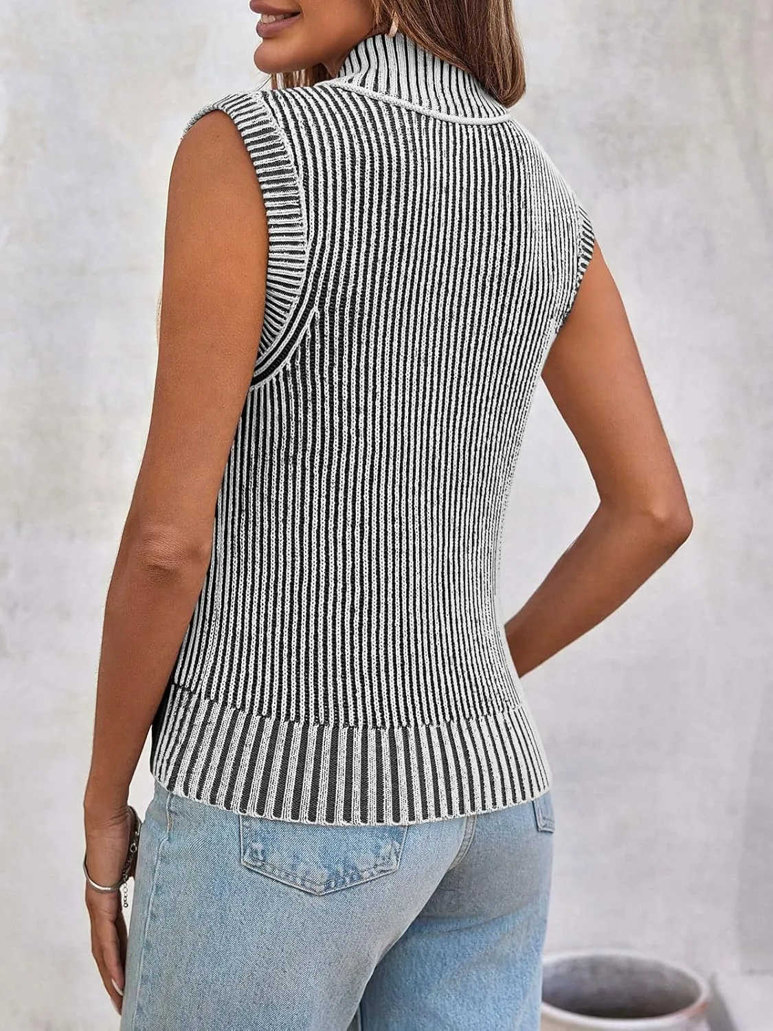 Saodimallsu Womens Zip Up Sweater Vest Sleeveless Ribbed Knit V Neck Collared Striped Tank Tops