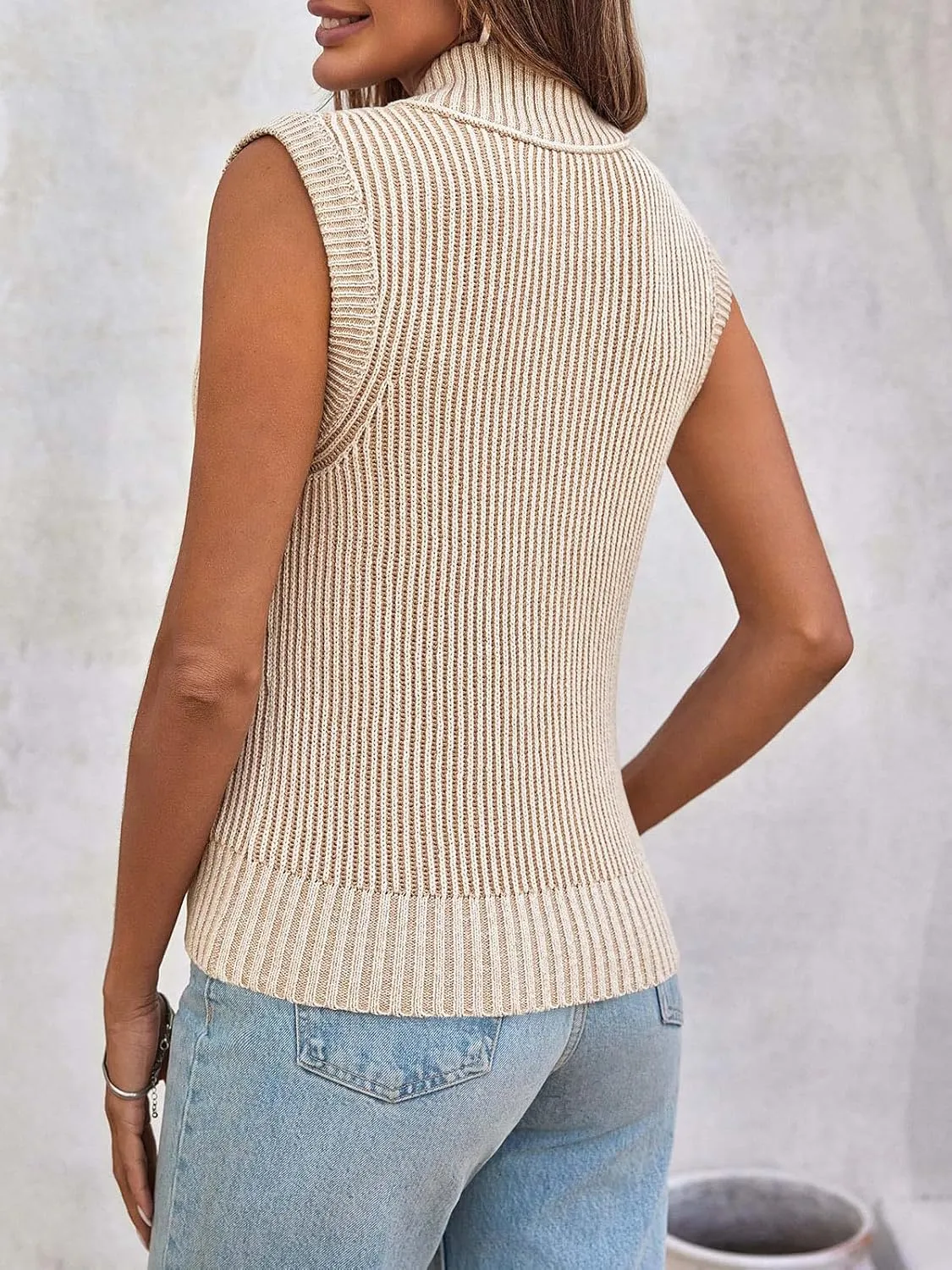 Saodimallsu Womens Zip Up Sweater Vest Sleeveless Ribbed Knit V Neck Collared Striped Tank Tops