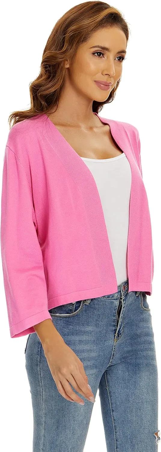 Satuun Women's 3/4 Sleeve Shrugs Lightweight Open Front Cropped Cardigan Tops