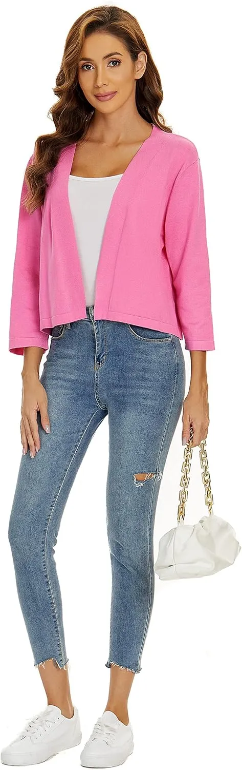 Satuun Women's 3/4 Sleeve Shrugs Lightweight Open Front Cropped Cardigan Tops