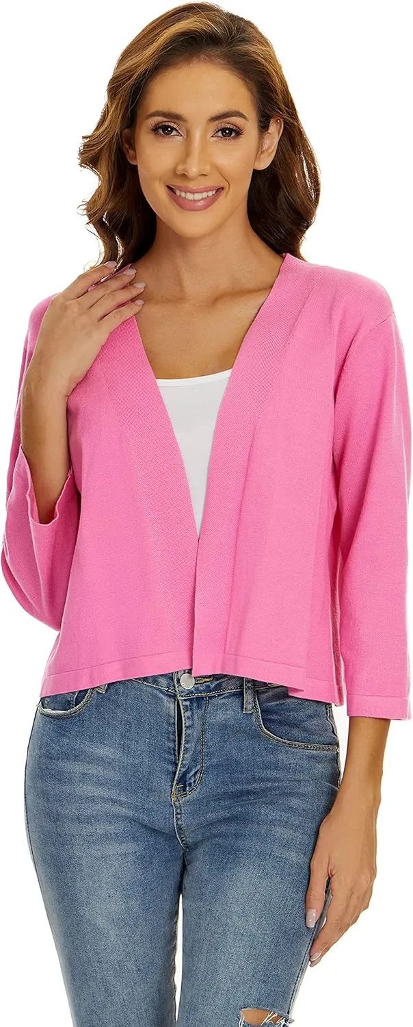 Satuun Women's 3/4 Sleeve Shrugs Lightweight Open Front Cropped Cardigan Tops