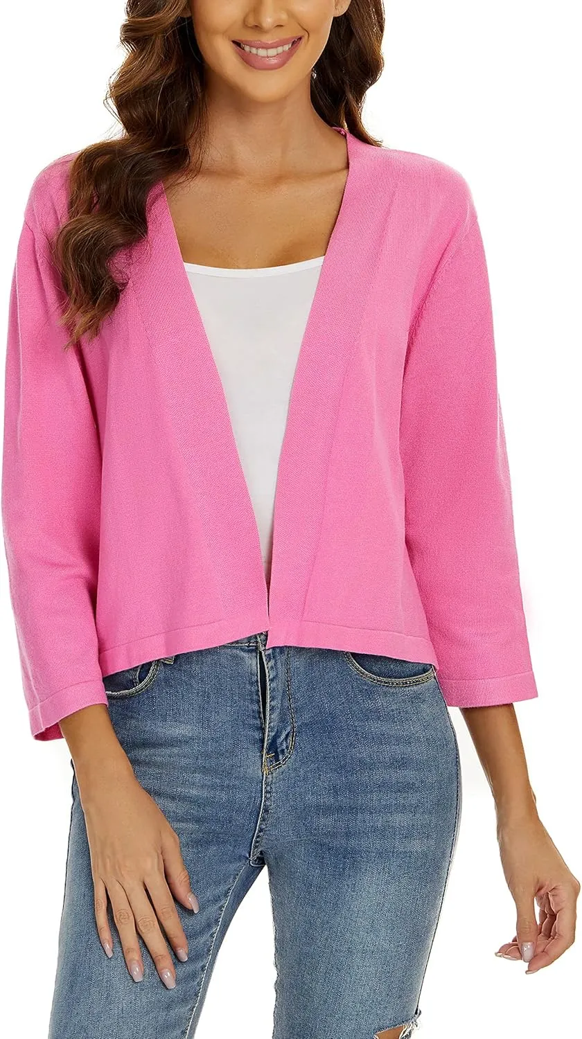 Satuun Women's 3/4 Sleeve Shrugs Lightweight Open Front Cropped Cardigan Tops