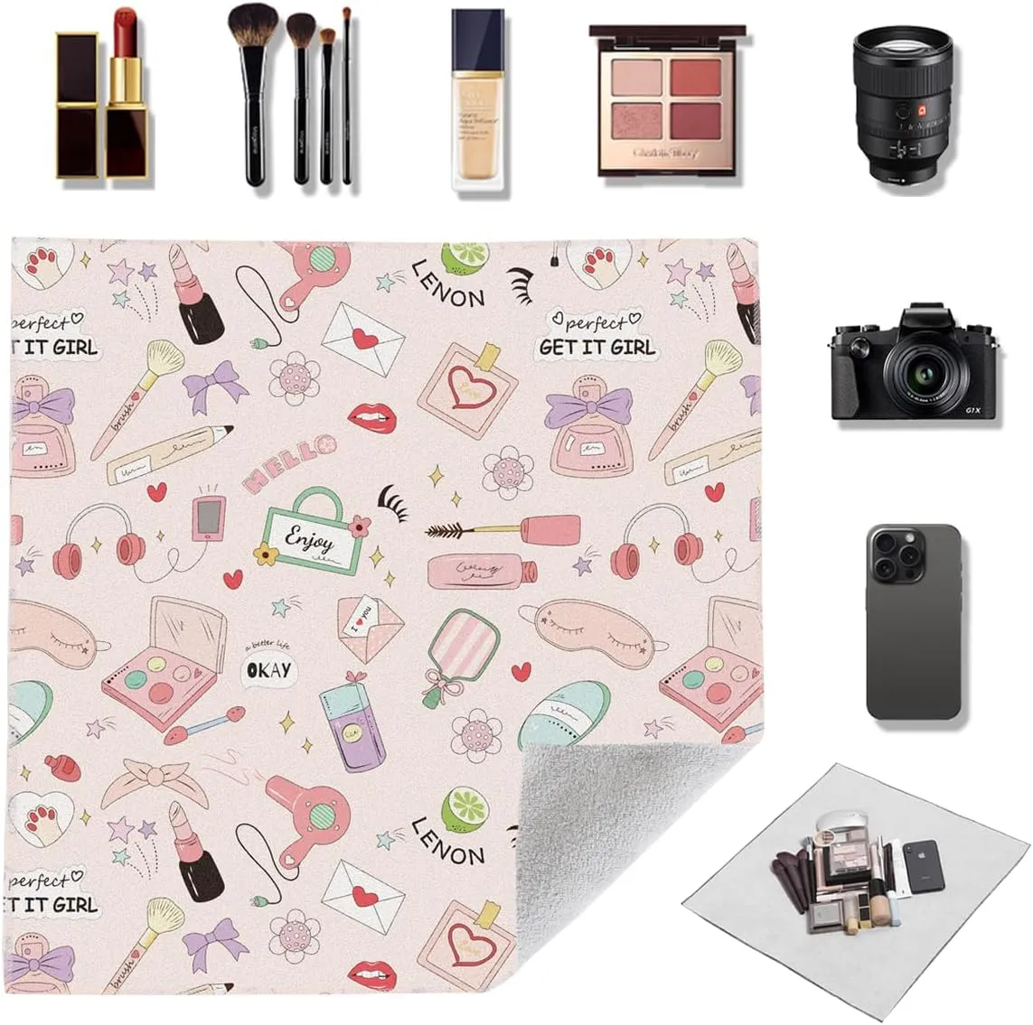 Self-Adhesive Magic Cloth Makeup Bag, Multi-Functional Cosmetic Bag, Portable Make up Wrap for Travel, Open Lay Flat Cosmetic Pouch Storage Organizer for Skincare & Makeup Accessories (Cute., 55*55cm)