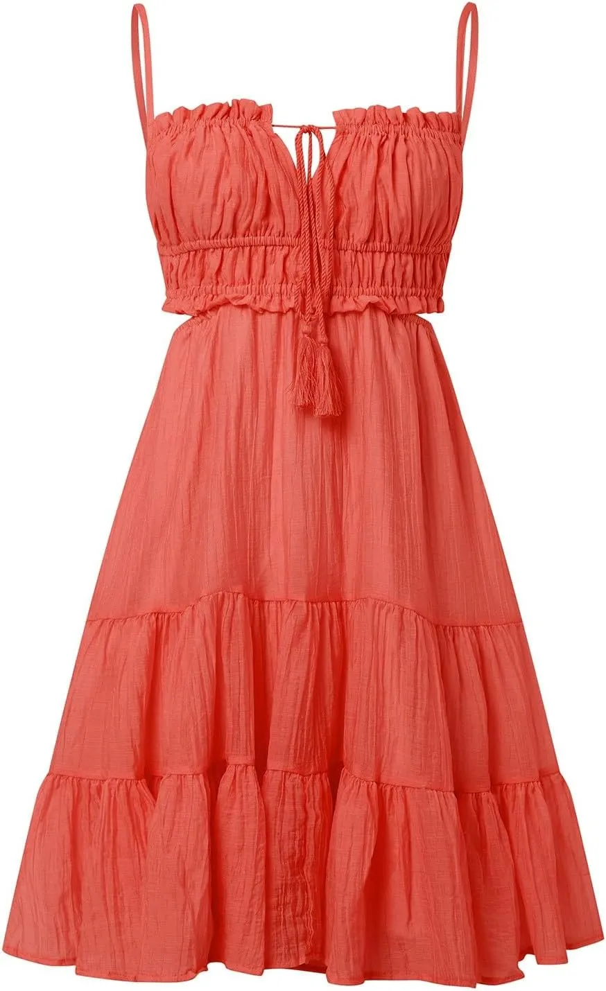 Sexy Dresses for Women Summer Spaghetti Strap Short Dress Side Cutout Drawstring Front Mini Sun Dress Prom Dresses
