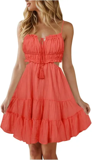 Sexy Dresses for Women Summer Spaghetti Strap Short Dress Side Cutout Drawstring Front Mini Sun Dress Prom Dresses