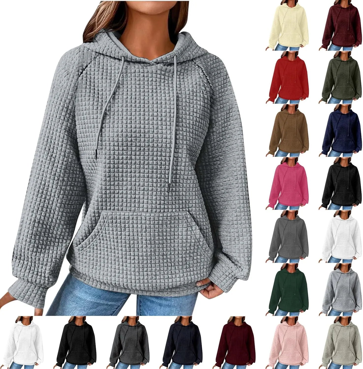 SHOPESSA Women Pullover Hoodie Sweatshirt Waffle-Knit Shacket Hooded Loose Fit Lightweight Jacket Long Sleeve Boyfriend Shirt