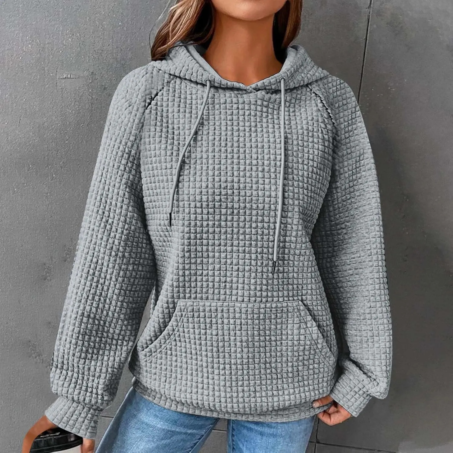 SHOPESSA Women Pullover Hoodie Sweatshirt Waffle-Knit Shacket Hooded Loose Fit Lightweight Jacket Long Sleeve Boyfriend Shirt