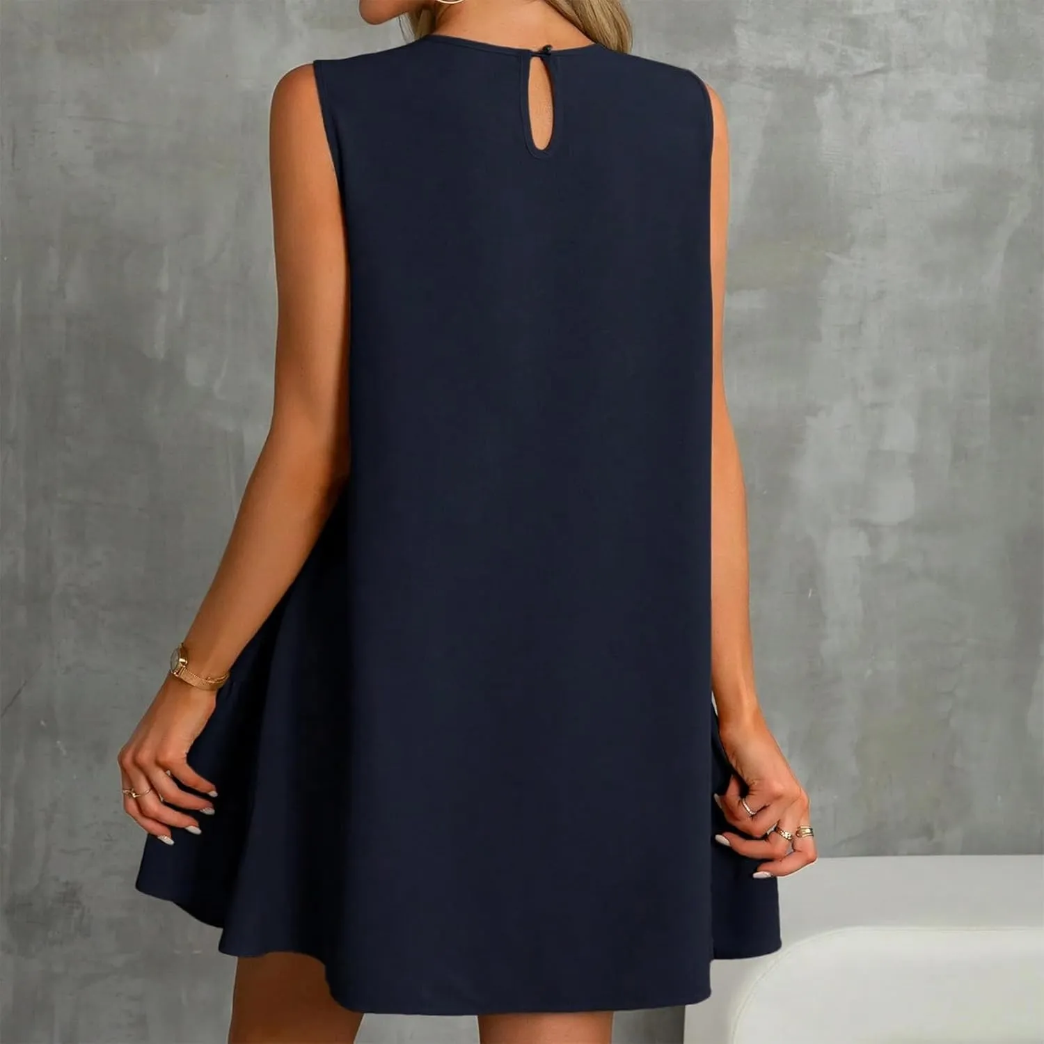 Sleeveless Dress for Women Crewneck Casual Summer Mini Dresses Trendy Ruffle A Line Babydoll Dress Cute Short Sundress