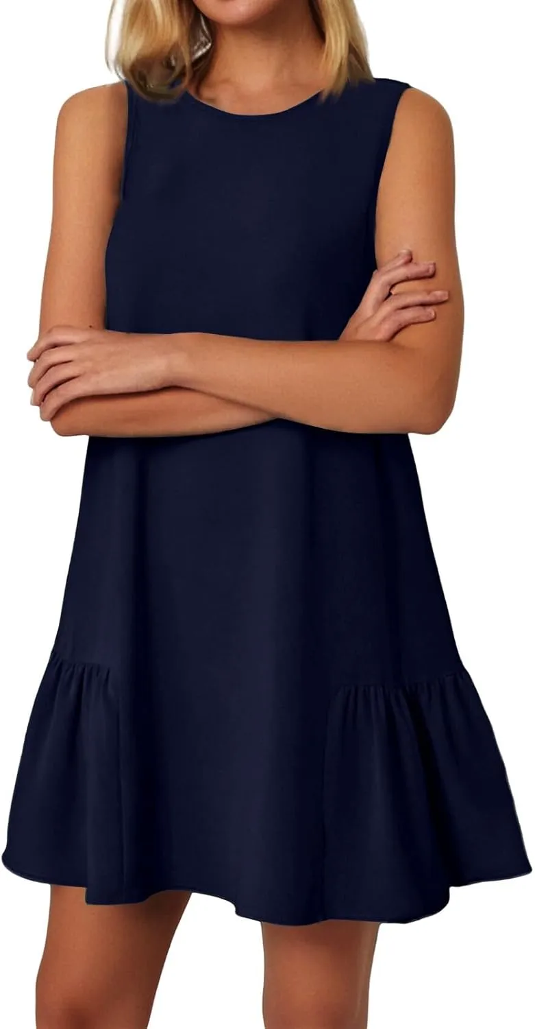 Sleeveless Dress for Women Crewneck Casual Summer Mini Dresses Trendy Ruffle A Line Babydoll Dress Cute Short Sundress