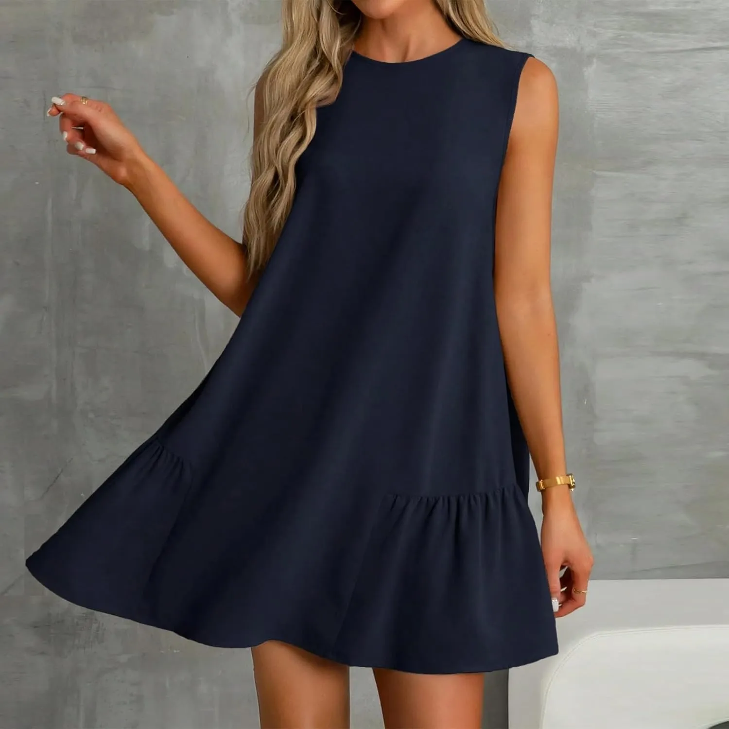 Sleeveless Dress for Women Crewneck Casual Summer Mini Dresses Trendy Ruffle A Line Babydoll Dress Cute Short Sundress