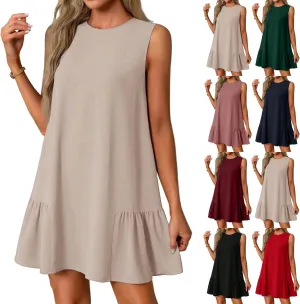 Sleeveless Dress for Women Crewneck Casual Summer Mini Dresses Trendy Ruffle A Line Babydoll Dress Cute Short Sundress