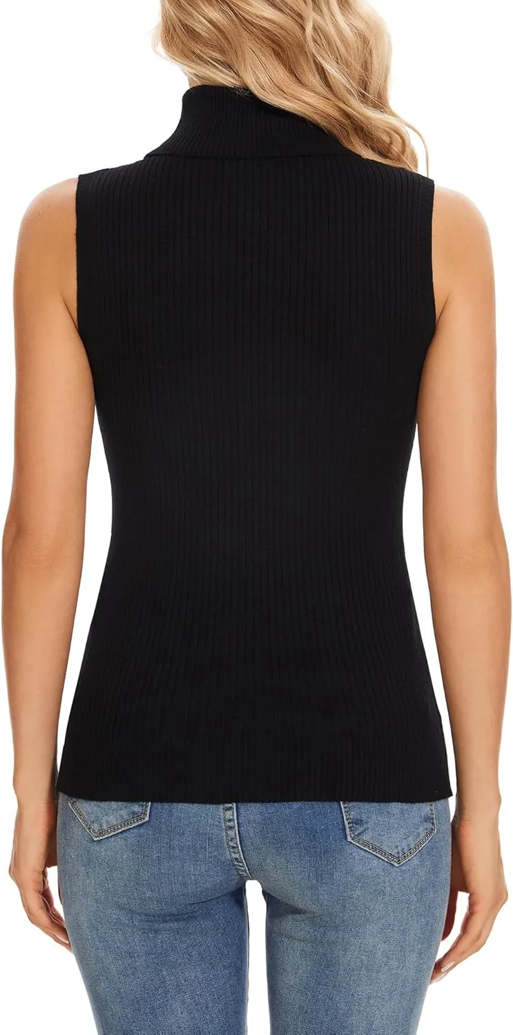 Sleeveless Turtlenecks for Women Lightweight Knit Sleeveless Vest Stretchy Turtleneck Tops