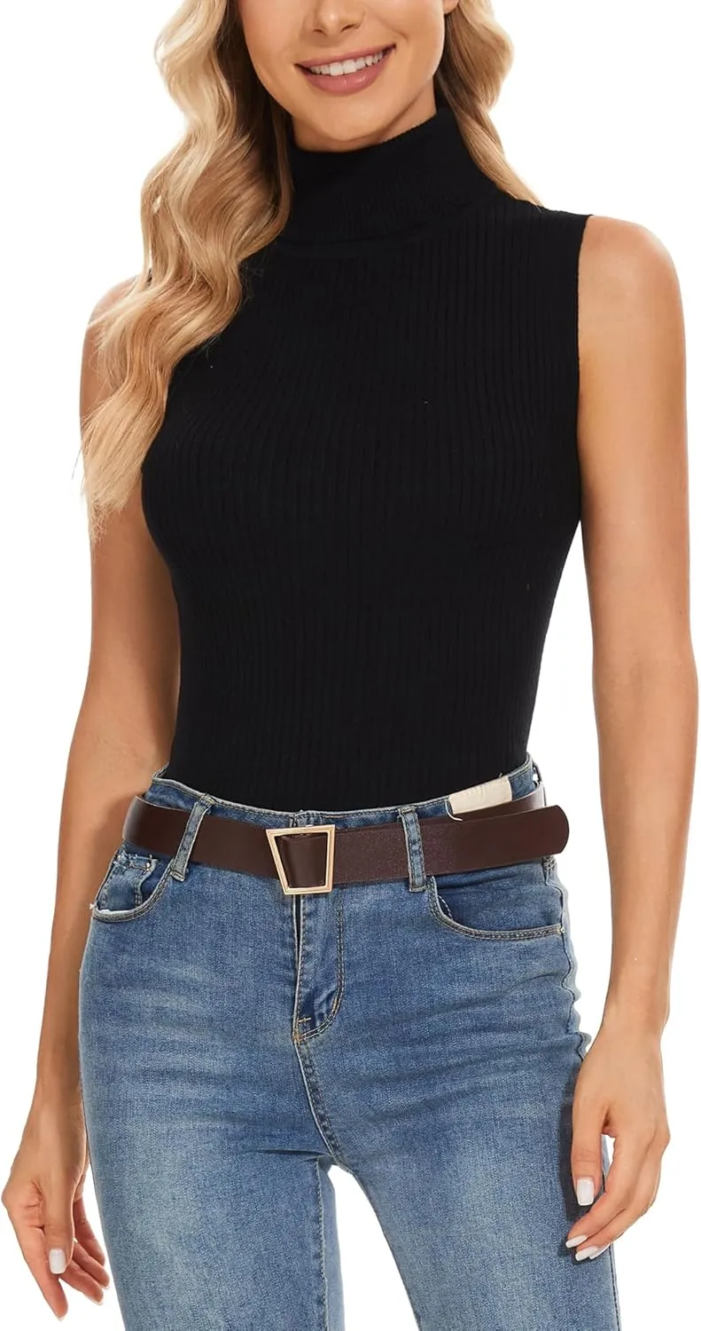 Sleeveless Turtlenecks for Women Lightweight Knit Sleeveless Vest Stretchy Turtleneck Tops