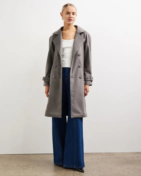 Soho Slouch Leather Trench Grey Wool
