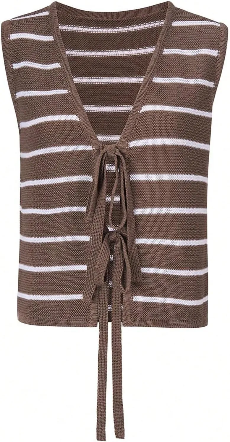SOLY HUX Women's Striped Bow Tie V Neck Knit Tank Top Sleeveless Vest Summer Vacation Clothes