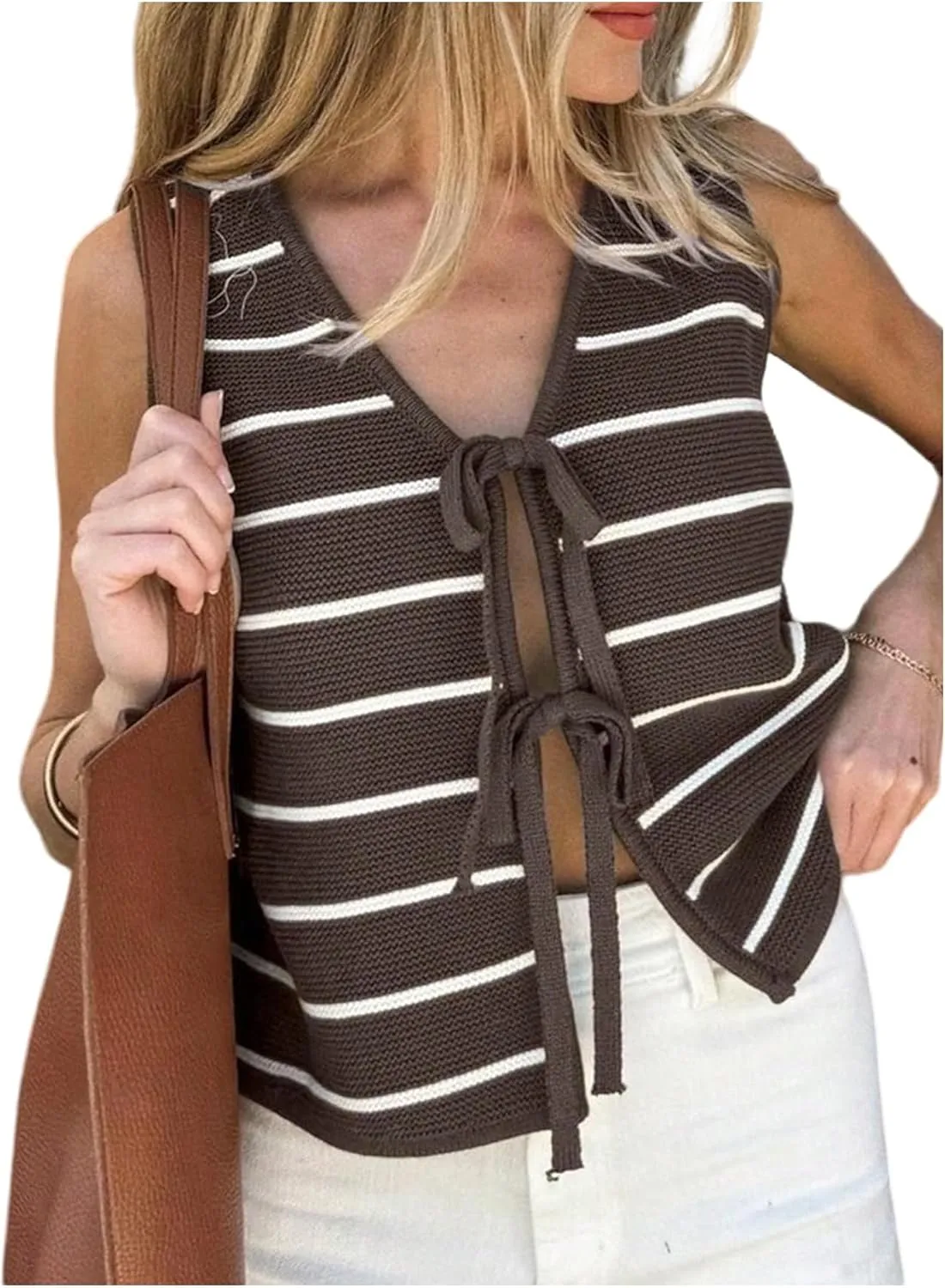 SOLY HUX Women's Striped Bow Tie V Neck Knit Tank Top Sleeveless Vest Summer Vacation Clothes