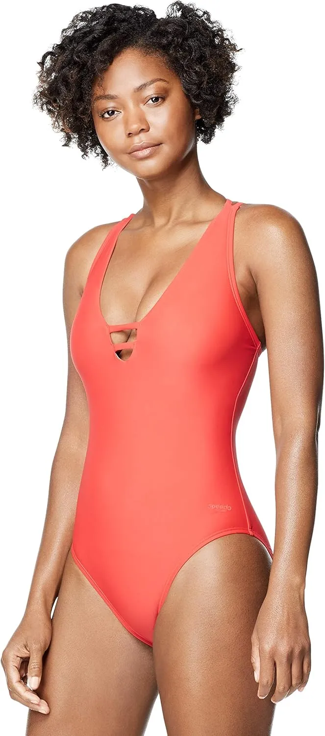 Speedo Women's Swimsuit One Piece V-Neck Strappy Back Contemporary Cut