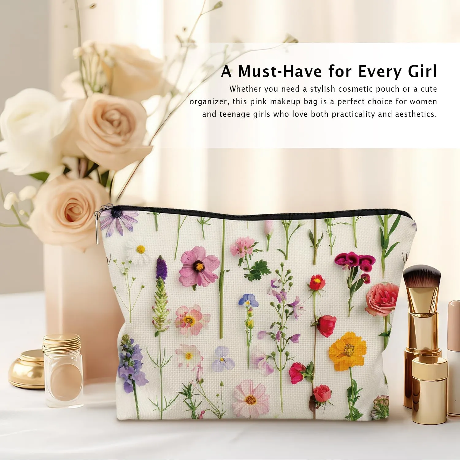 Spring Floral Makeup Bag, Colorful Wildflowers Cosmetic Bags for Women, Girly Gifts, Girly Stuff, Colorful Flowers Aesthetic Zipper Makeup Pouch