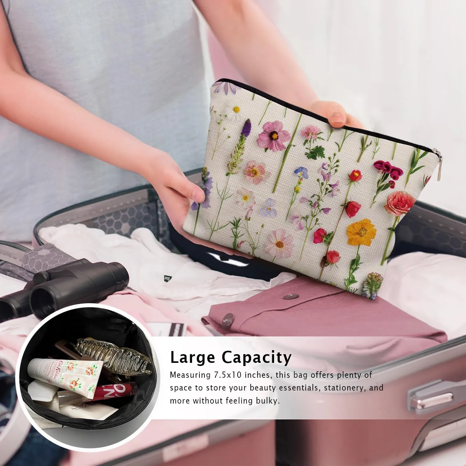 Spring Floral Makeup Bag, Colorful Wildflowers Cosmetic Bags for Women, Girly Gifts, Girly Stuff, Colorful Flowers Aesthetic Zipper Makeup Pouch