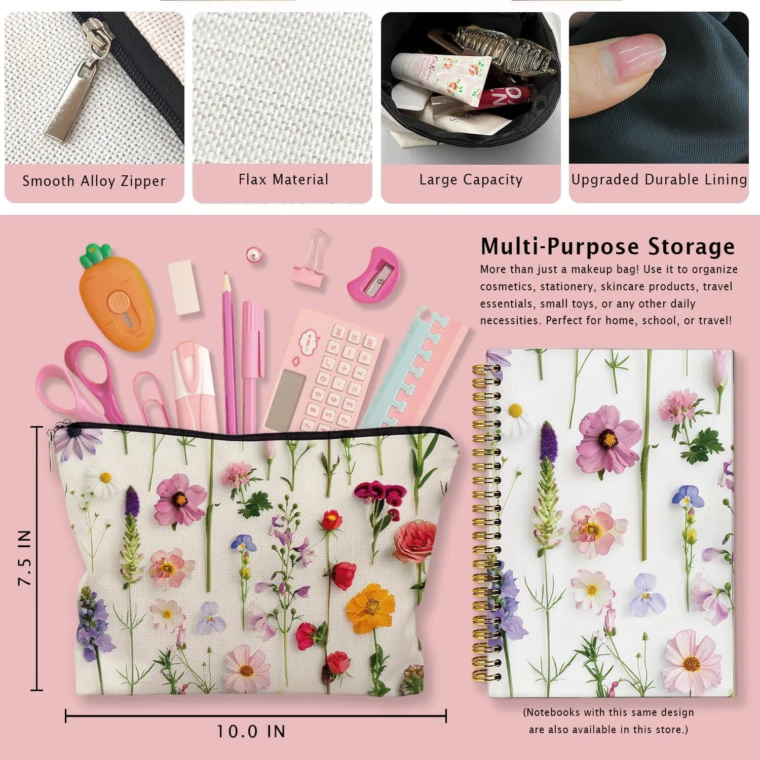 Spring Floral Makeup Bag, Colorful Wildflowers Cosmetic Bags for Women, Girly Gifts, Girly Stuff, Colorful Flowers Aesthetic Zipper Makeup Pouch