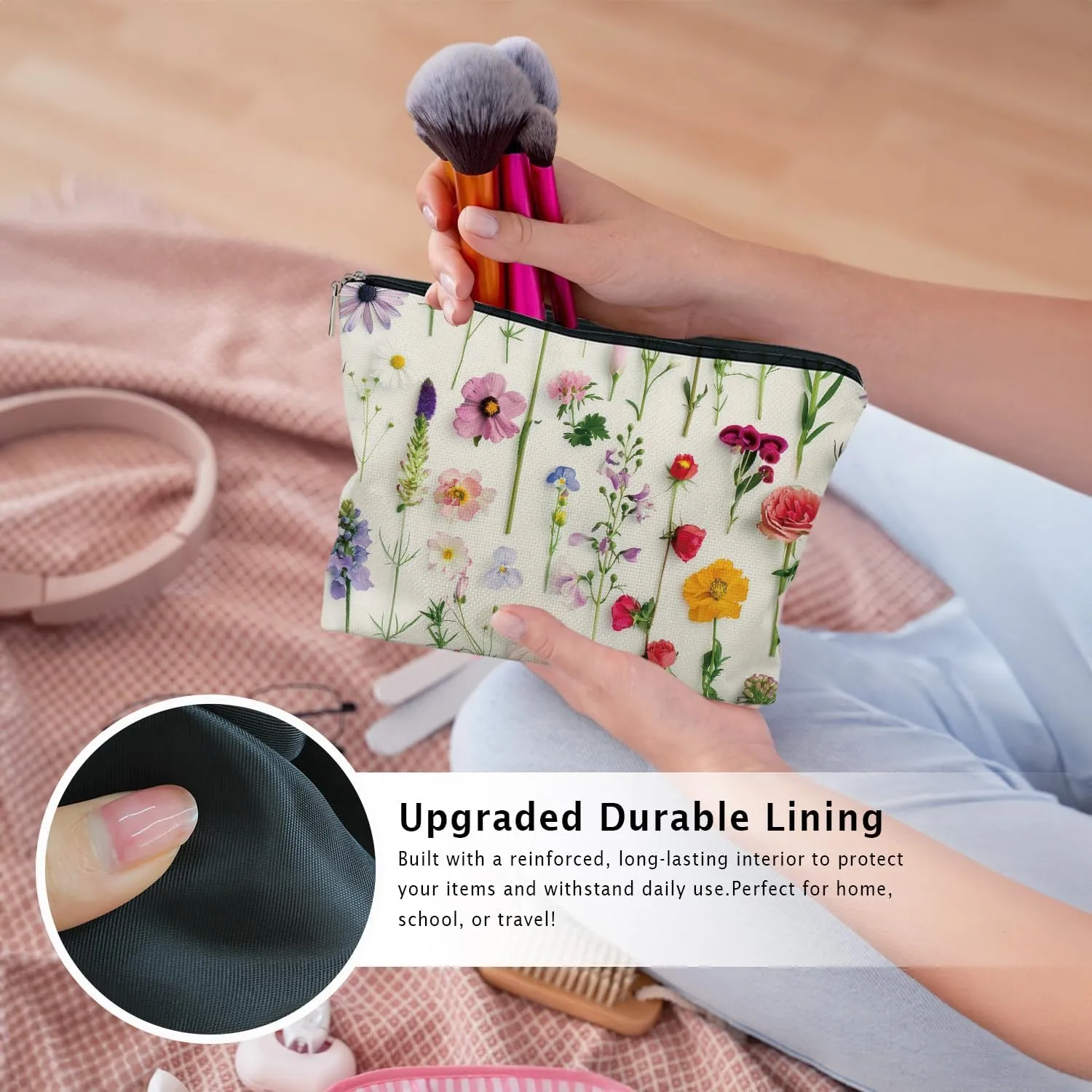 Spring Floral Makeup Bag, Colorful Wildflowers Cosmetic Bags for Women, Girly Gifts, Girly Stuff, Colorful Flowers Aesthetic Zipper Makeup Pouch
