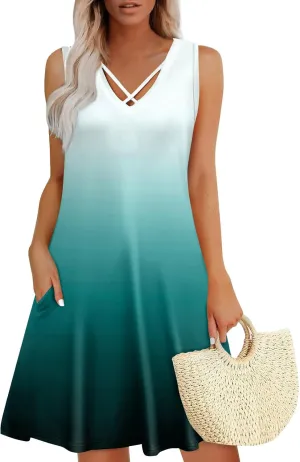 Summer Dresses for Women 2025 Floral Boho Beach T Shirt Dresses V Neck Casual Tank Dress Sleeveless Loose Sundresses