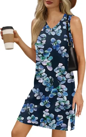 Summer Dresses for Women 2025 Loose Casual Tank Dress Beach Sundresses Sleeveless Floral T Shirt Dresses with Split
