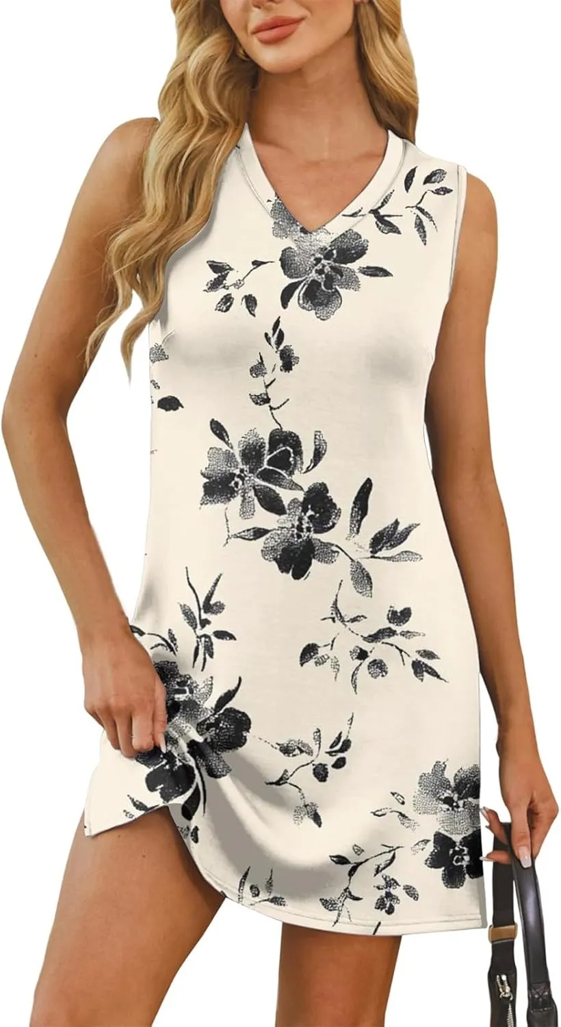 Summer Dresses for Women 2025 Loose Casual Tank Dress Beach Sundresses Sleeveless Floral T Shirt Dresses with Split
