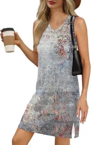 Summer Dresses for Women 2025 Loose Casual Tank Dress Beach Sundresses Sleeveless Floral T Shirt Dresses with Split