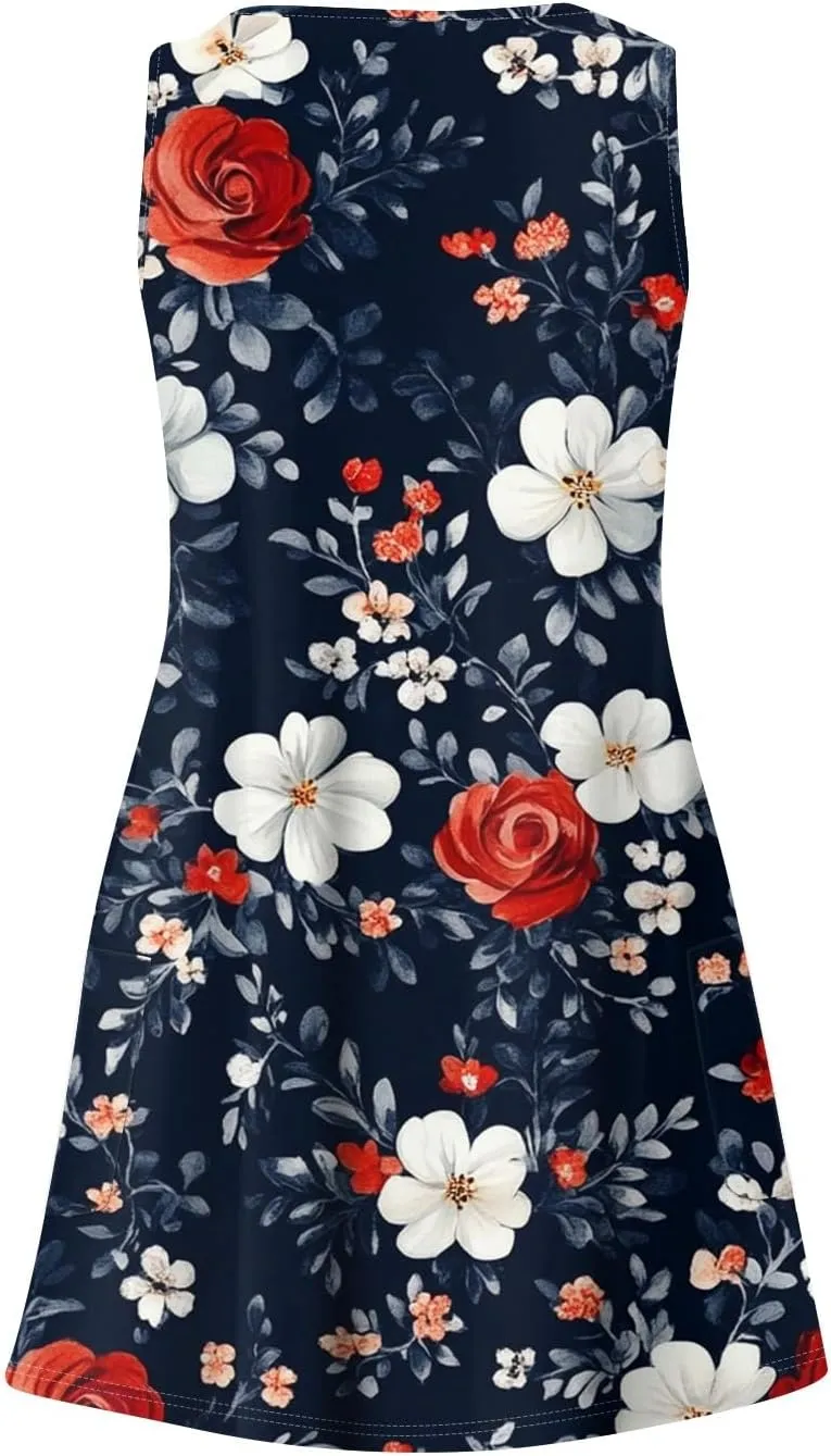 Summer Dresses for Women 2025 Loose Floral Tank Dress V-Neck Casual Sundresses Boho Beach Sleeveless T Shirt Dresses
