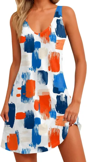 Summer Dresses for Women 2025 Loose Floral Tank Dress V-Neck Casual Sundresses Boho Beach Sleeveless T Shirt Dresses