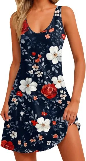 Summer Dresses for Women 2025 Loose Floral Tank Dress V-Neck Casual Sundresses Boho Beach Sleeveless T Shirt Dresses