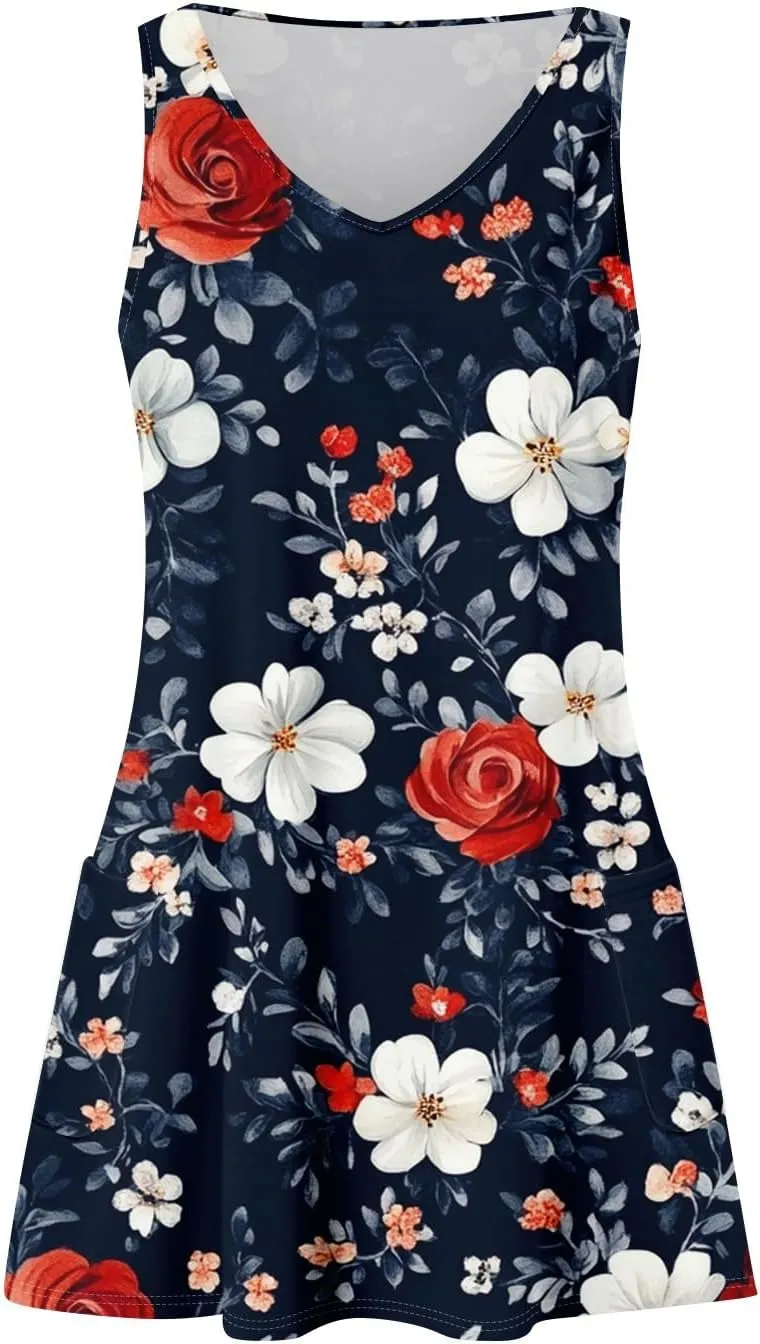 Summer Dresses for Women 2025 Loose Floral Tank Dress V-Neck Casual Sundresses Boho Beach Sleeveless T Shirt Dresses