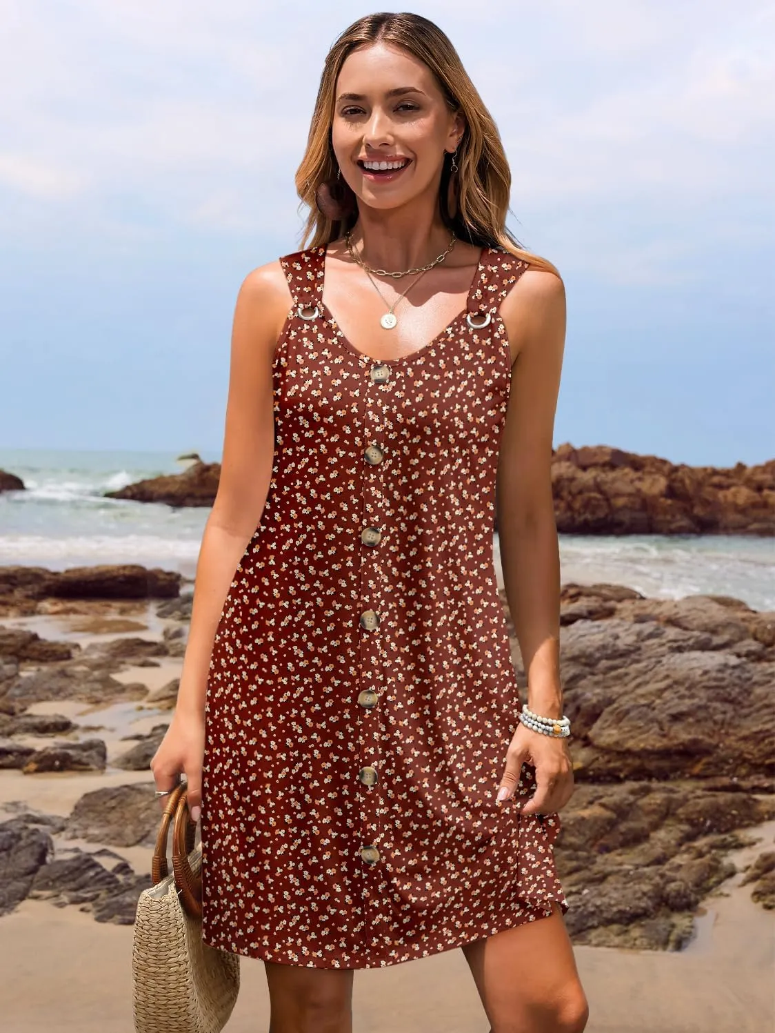 Summer Dresses for Women 2025 Sleeveless Floral Boho Swimsuit Cover Ups Casual Button Beach Vacation Tank Sundresses