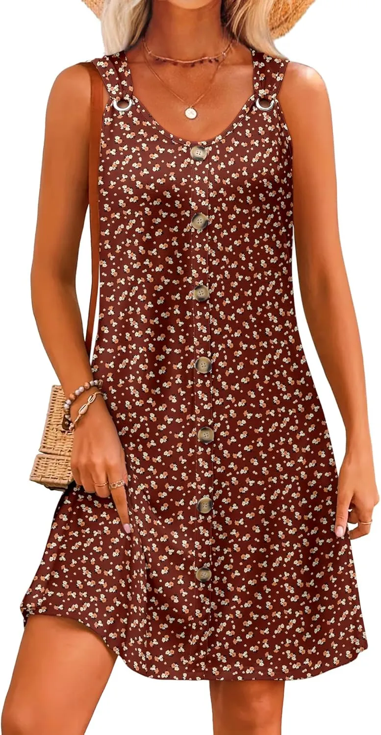 Summer Dresses for Women 2025 Sleeveless Floral Boho Swimsuit Cover Ups Casual Button Beach Vacation Tank Sundresses