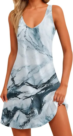 Summer Dresses for Women 2025 Sleeveless Loose Sundresses V Neck Boho Beach T Shirt Dresses Casual Floral Tank Dress