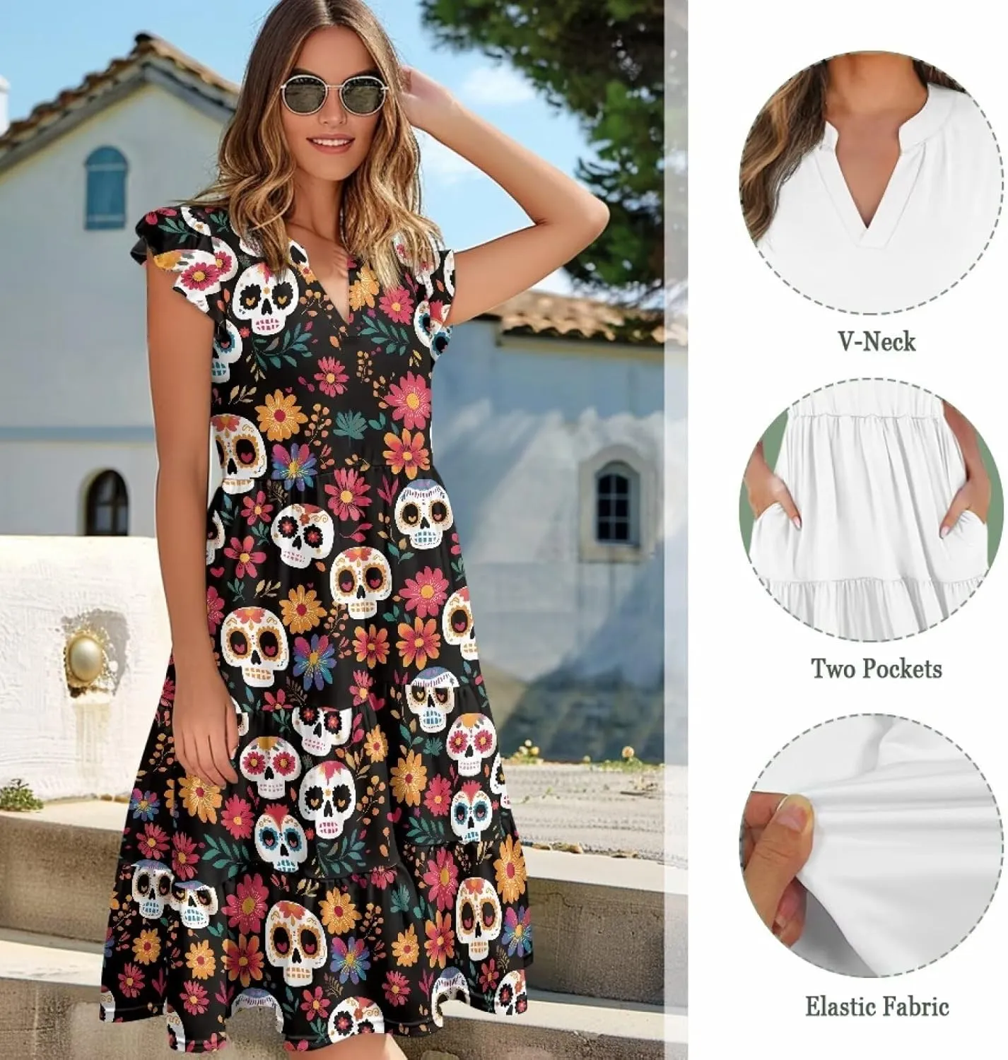Summer Dresses for Women 2025 V-Neck Ruffle Sleeve A Line Tiered Flowy Fashion Trendy Mini Beach Dress with Pocket