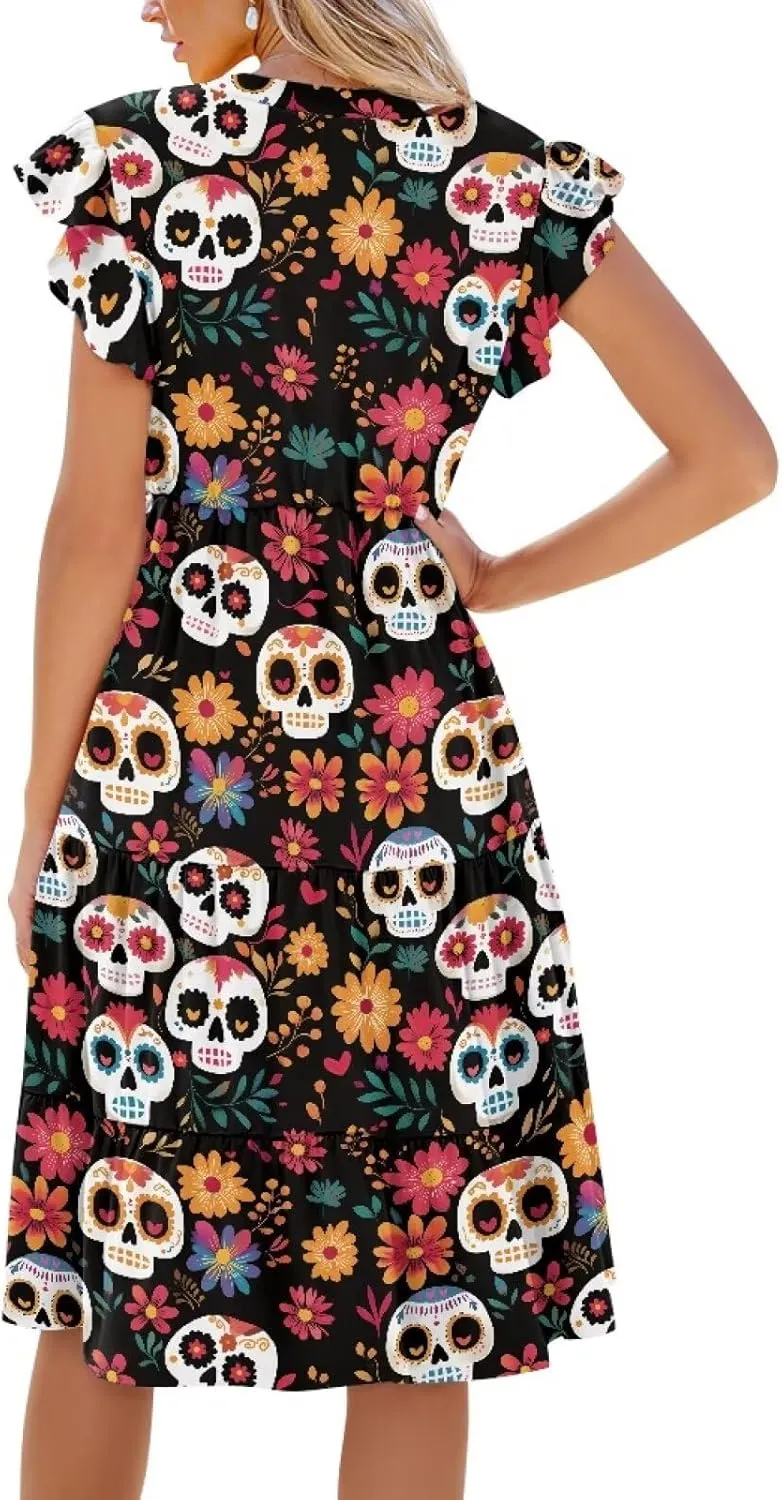 Summer Dresses for Women 2025 V-Neck Ruffle Sleeve A Line Tiered Flowy Fashion Trendy Mini Beach Dress with Pocket
