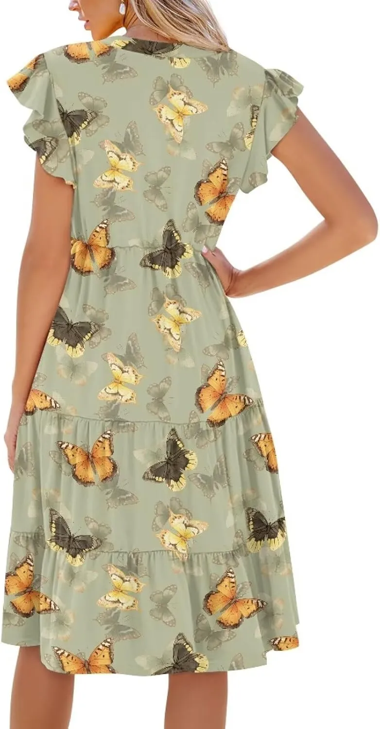 Summer Dresses for Women 2025 V-Neck Ruffle Sleeve A Line Tiered Flowy Fashion Trendy Mini Beach Dress with Pocket