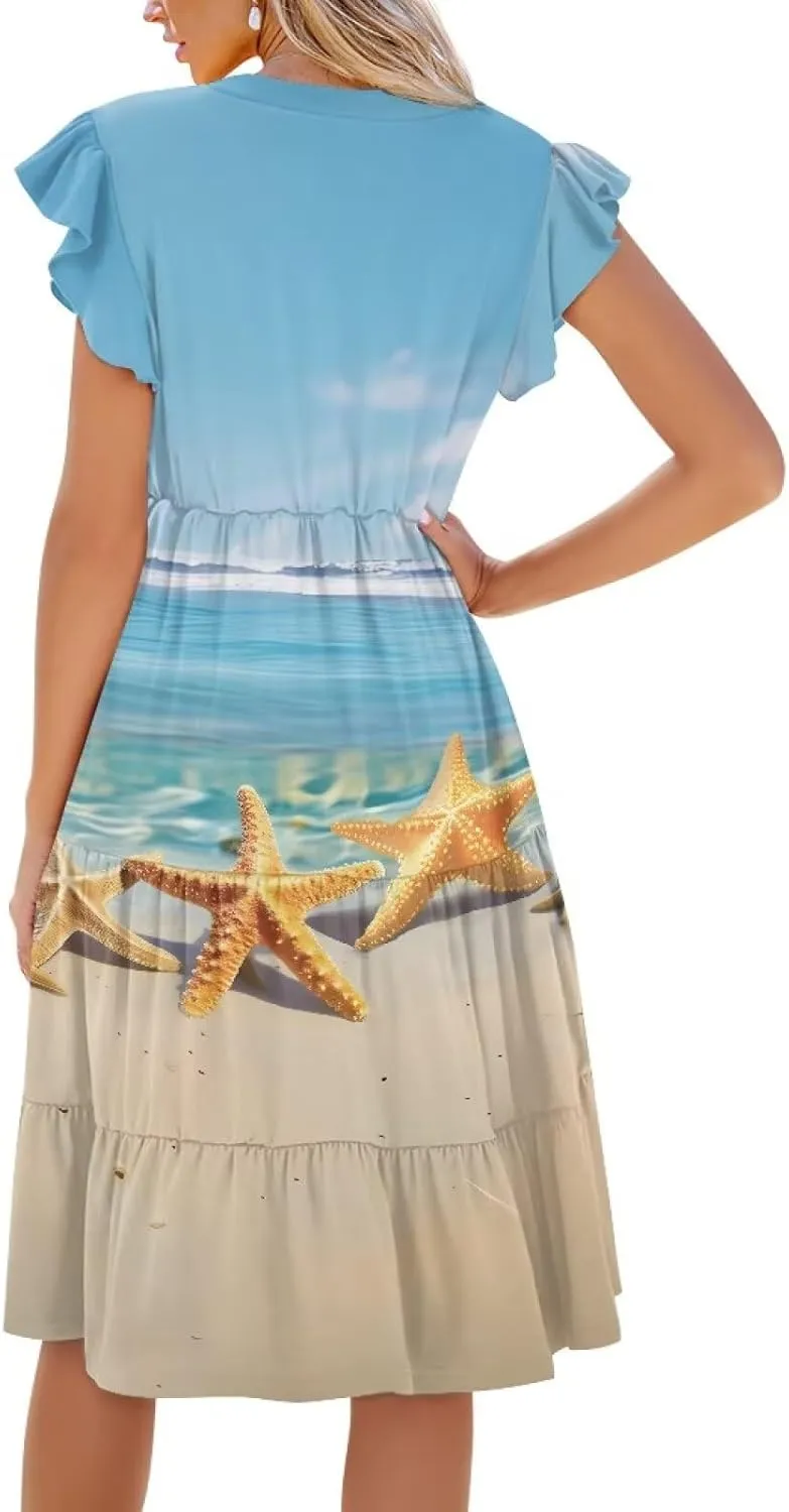 Summer Dresses for Women 2025 V-Neck Ruffle Sleeve A Line Tiered Flowy Fashion Trendy Mini Beach Dress with Pocket
