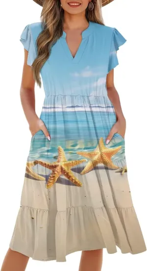 Summer Dresses for Women 2025 V-Neck Ruffle Sleeve A Line Tiered Flowy Fashion Trendy Mini Beach Dress with Pocket