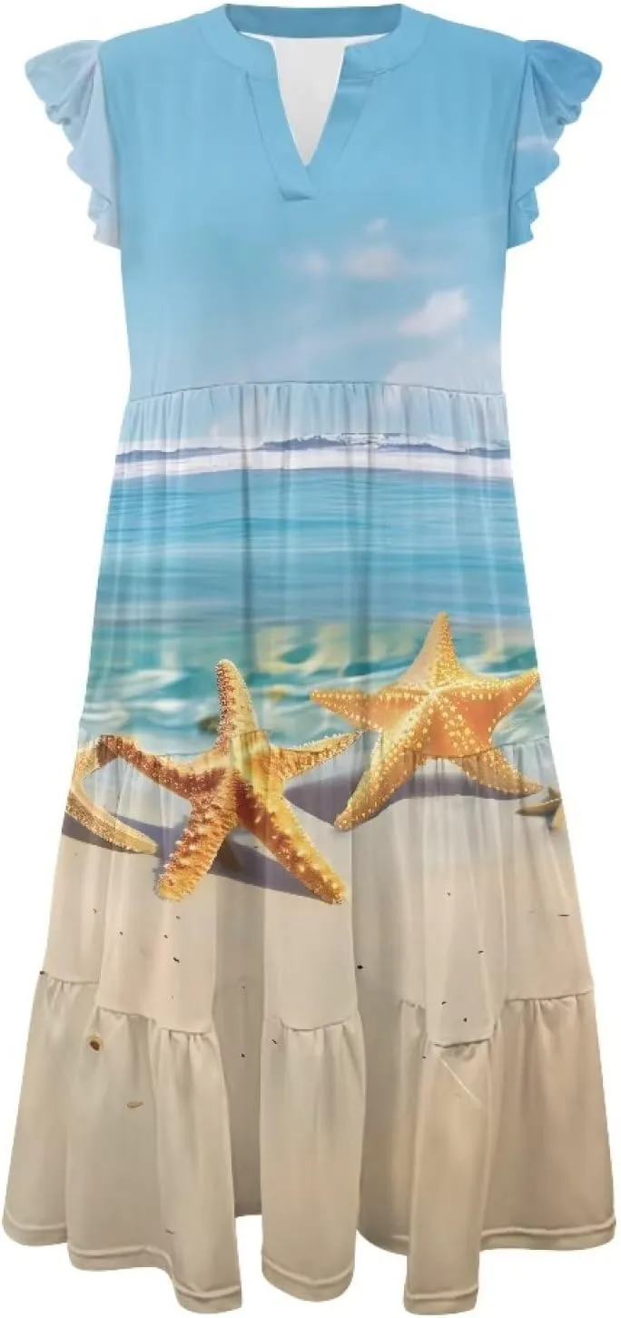 Summer Dresses for Women 2025 V-Neck Ruffle Sleeve A Line Tiered Flowy Fashion Trendy Mini Beach Dress with Pocket