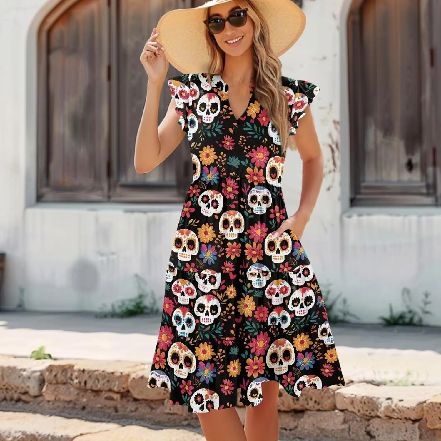 Summer Dresses for Women 2025 V-Neck Ruffle Sleeve A Line Tiered Flowy Fashion Trendy Mini Beach Dress with Pocket