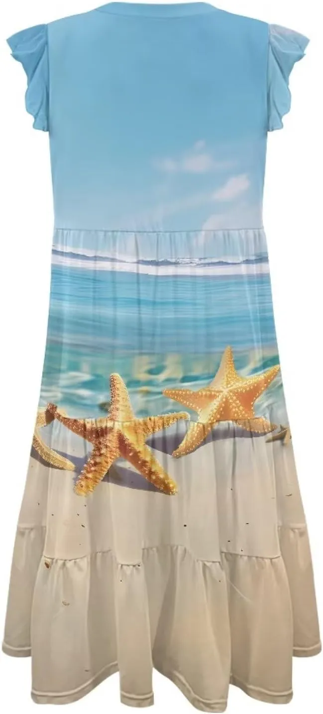 Summer Dresses for Women 2025 V-Neck Ruffle Sleeve A Line Tiered Flowy Fashion Trendy Mini Beach Dress with Pocket