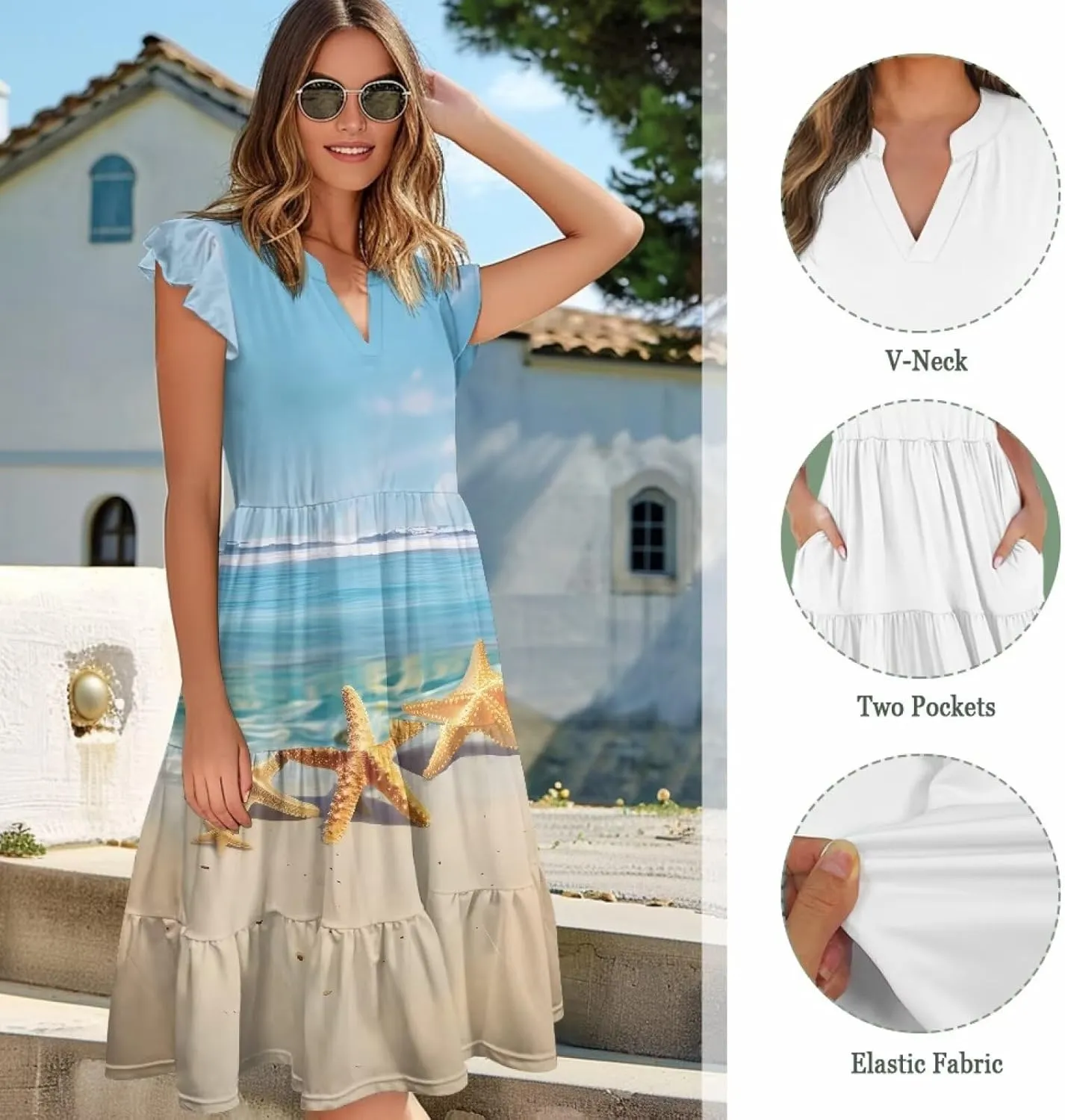 Summer Dresses for Women 2025 V-Neck Ruffle Sleeve A Line Tiered Flowy Fashion Trendy Mini Beach Dress with Pocket
