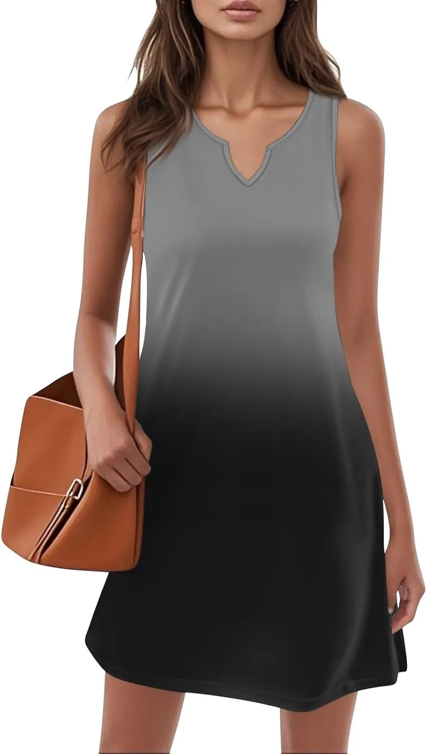 Summer Dresses for Women V-Neck Sundresses Sleeveless Loose Sleep Dress Beach Tank Dress Printed Casual T Shirt Dresses